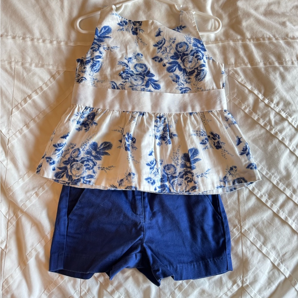 Janie and Jack Floral Blue and White Peplum Top with Blue shorts